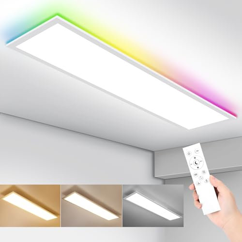 IEGLED LED Panel Deckenleuchte, 120x30cm Deckenlampe Flach Dimmbar RGB Backlight mit Fernbedienung, 40W Deckenpanel Lampe mit 4400lm, 3000K-6500K LED Panel für Wohnzimmer, Flur, Schlafzimmer, Weiß