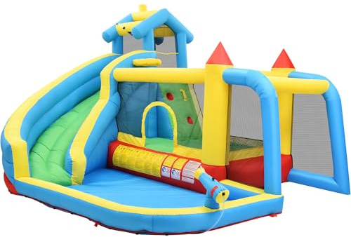 Merax Aufblasbare Hüpfburg mit Gebläse, Trocken-/Wasserrutsche, Outdoor Castle mit Sprungbereich, großes Wasserpool, Fußballnetz, für Kinder von 3 bis 10 Jahren, inkl. Tragetasche, 364 x 315 x 239 cm