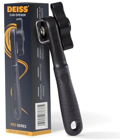 Deiss Pro Heavy Duty Can Opener Manual Smooth Edge, Handheld Can Opener with Soft Touch Handle, Rust Proof Safety Can Opener Oversized Handheld Easy Turn Knob, Best Large Lid Openers (Black)