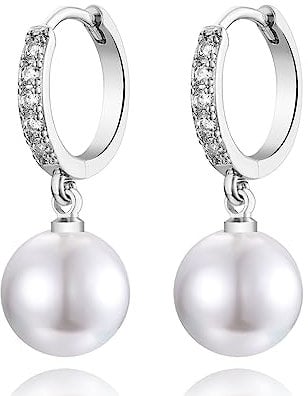 Sterling Silver Pearl Earrings for Women, 9ct Gold Drop Hoop Earrings with Cubic Zirconia for Girls│Hypoallergenic Round Teardrop Pearl Dangle Earring for Christmas Anniversary