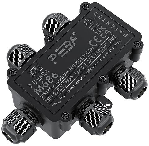 PEBA® IP68 Waterproof Junction Box, Outdoor Waterproof Connector - 5-Way Cable Protectors for Cable Diameter Ø4mm-12mm, Black (1 Pack)