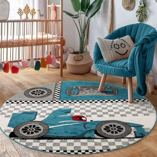 Carpettex Kinderteppich Rennwagen Design Blau 120 cm Rund - Kurzflor Teppich Kinderzimmer für Mädchen und Jungen Pflegeleicht Weich - Waschbarer Spielteppich Babyteppich Gaming Teppich Babyzimmer