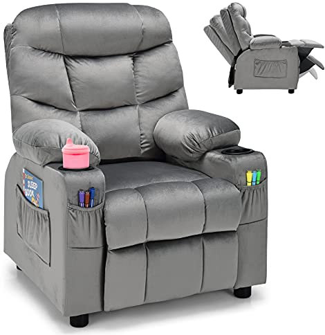 GYMAX Kids Sofa Chair, Velvet Children Recliner Armchair with Adjustable Backrest & Footrest, Padded Headrest & Armrest and Cup Holders, Upholstered Toddler Lounge Chair for Boys Girls (Grey)