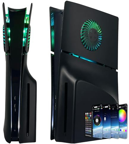 Placa frontal para PS5 Slim Disc Edition con tira de luz RGB y filtro de polvo con rejillas de ventilación de refrigeración DOBEWINGDELOU más de 400 efectos, anillo de luz LED, cubierta de placa