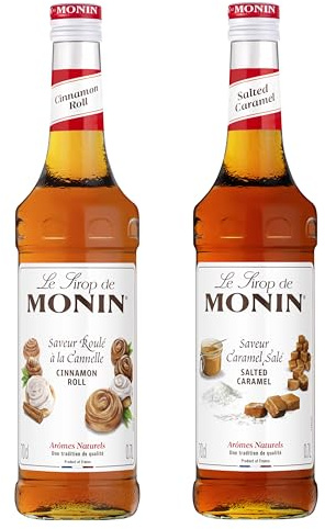 MONIN - Assortiment Sirop Saveur Roulé à la Cannelle et Saveur Caramel Salé - Pour Café, Chocolat Chaud, Capuccino ou Latte - Arômes Naturels - Bouteille en Verre - 2 x 70 cl