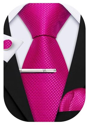 Barry.Wang Krawatten-Set für Herren, klassisch, Satin, Krawatte, Einstecktuch, Manschettenknöpfe, Clip, 4 Stück, für Herren, Hochzeit, formelle Geschäfte, Außergewöhnliches Magenta, Einheitsgröße