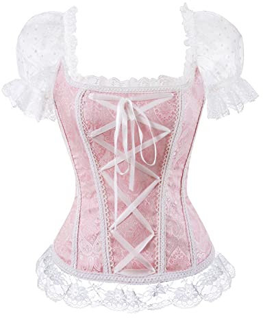 AMhomely Corset Tops For Women With Sleeves Mesh Bustier Plus Size Gothic Bandaged Overbust Corset Blouse Lace Patchwork Waist Trainer Sexy Slim Fit Bodyshaper Vintage Punk Tunic Tops Pink