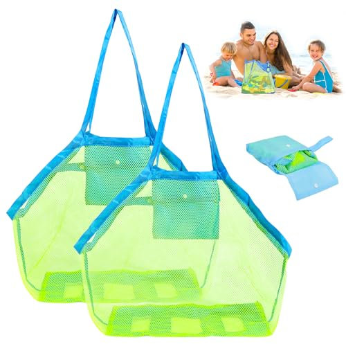 Strandspielzeug Tasche, 2 Stück Sandspielzeug Netztasche, Mesh Beach Bag, Beachbag Faltbar, Netztasche Große Strandtasche mit Fächertaschen, für Familie Urlaub, Strandurlaub im Freien