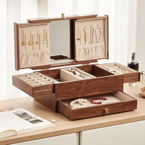 CHOSIN Schmuckschatulle aus Walnussholz, 3 Ebenen, multifunktional, Schubladen-Organizer, Box, Uhren, Halsketten, Ringe, Ohrringe, Valentinstagsgeschenk, Schwarz