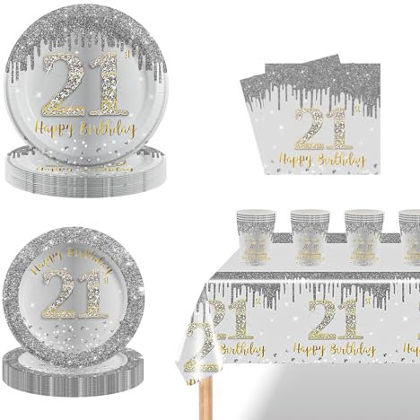 69pcs Grey Silver 21st Birthday Party Tableware,Silver 21st Birthday Tableware Set with 32P Paper Plates,20P Napkins, 21st Table Cloth,16P Paper Cups for Women Men Birthday Party Table Decorations