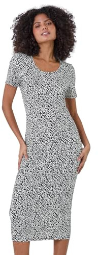 Dusk Fashion Leaf Print Midi Stretch Dress for Women UK - Ladies Everyday Holiday Spring Summer Round Neckline Comfy Soft Evening Vacation Work Party - Black & White - Size 16