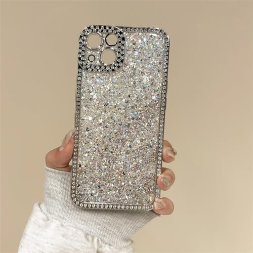 ORBANA Shiny Rhinestone Shockproof Frame Phone Case For iPhone 13 14 15 12 Pro Max 11 6D Plating Lens Protection Glitter Sequins Cover,Silver,For iPhone 13Pro Max