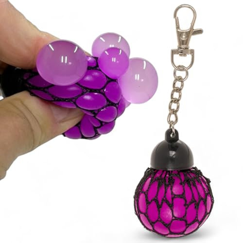 Bunter Antistressball im Netz – Quetschball Spielzeug, Sensorik, Stressabbau für Groß & Klein, Büro & Schule (Schlüsselanhänger Violett)