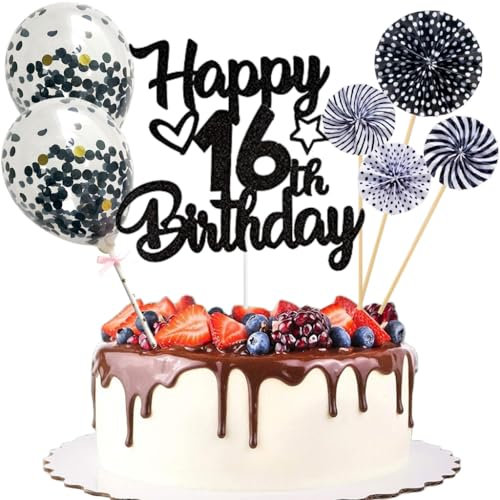 Anlgdi Tortendeko 16. Geburtstag Mädchen Junge, Kuchen Topper Happy 16th Birthday Schwarz, Glitzer Cake Topper 16. Geburtstag Ballon Konfetti Papierfächer für Geburtstagstorte Deko 16 Jahre Kinder