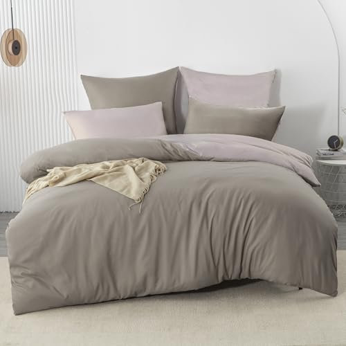 Nesture Bettwäsche 200x220 3teilig Taupe/Beige Bettwäsche Sets Microfaser Wendebettwäsche 200 x 220, weich & bügelfrei 1 Bettbezug + 2 Kissenbezug 80x80cm mit Reißverschluss