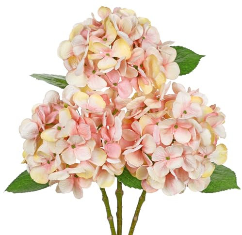 Hollyone Hydrangea Artificial Flowers, 3PCS | 18.8 Fake Flowers Silk Hydrangeas with 6 Large Blooms, Realistic Peach Faux Flowers for Floral Arrangements, Centerpieces, Wedding, Home Decor