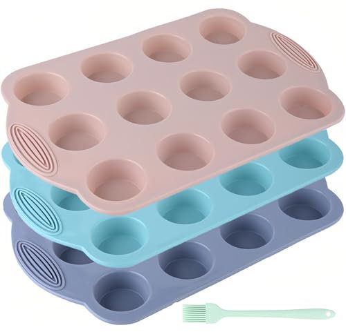 Annewbin 3 Stück Mini Muffinform Silikon für 12er, Muffinform Blech 12er BPA frei,Antihaftbeschichtung Muffin Form,Antihaft Muffinblech Silikon,Cupcake Muffin backform