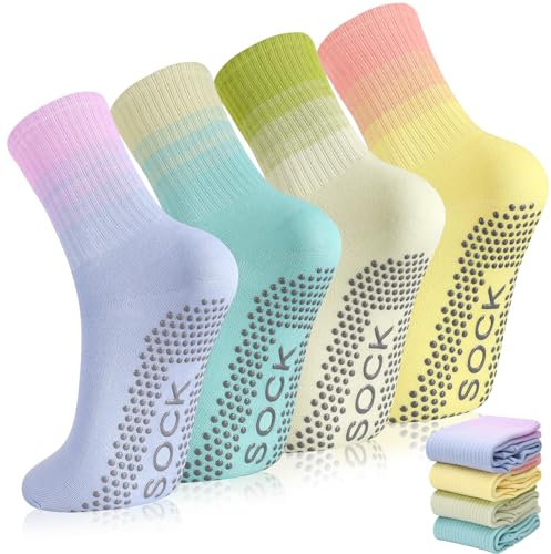 Utensilsto Pilates Socken Yoga Socken Damen,4 Paar Antirutschsocken Stoppersocken Baumwolle Socken Bunt Damen für Pilates, Yoga, Barre,Trampolin, Fitness