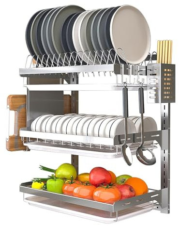 Escurridor de Platos Grande de 3 Niveles Montado en la Pared, Escurridor de Platos de Altura Ajustable, Estante para Platos para Organizador de Cocina que Ahorra Espacio