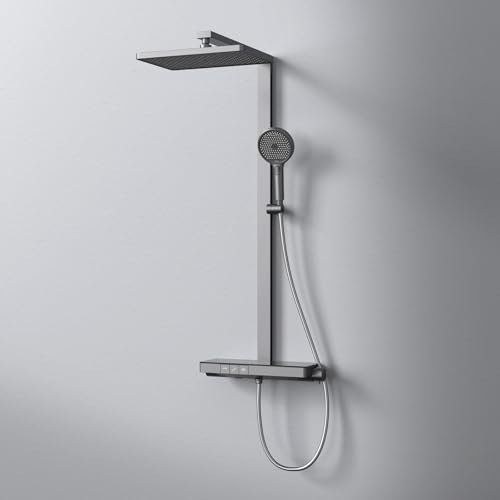 EMKE Colonne de douche thermostatique, douche de pluie avec douche à main 4-en-1, barre de douche avec plaque thermostatique de 40 cm, douche de pluie thermostatique, anthracite mat, 1050 x 401 x 573