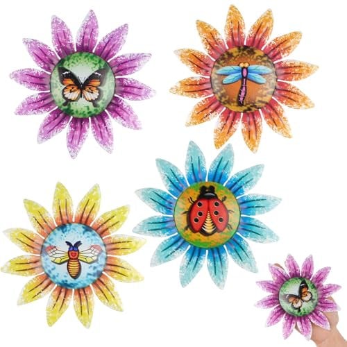 4 Pcs Metal Sunflower Garden Ornaments, Colorful Wall Art Decor, Wall Ornaments Outdoor with Butterfly&Ladybug Pattern, for Hanging Wall Garden Fences Yard Sheds