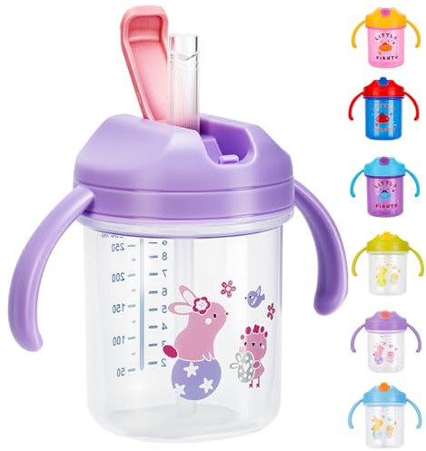 SUPPRUI Sippy Cup,280ml Baby Cup,Straw Cups with Handles,Spill-Proof Baby Sippy Cups,Water Bottles with Straw for Babies,BPA Free,Trainer Cups for 6+ Months (Transparent-Purple Lid)