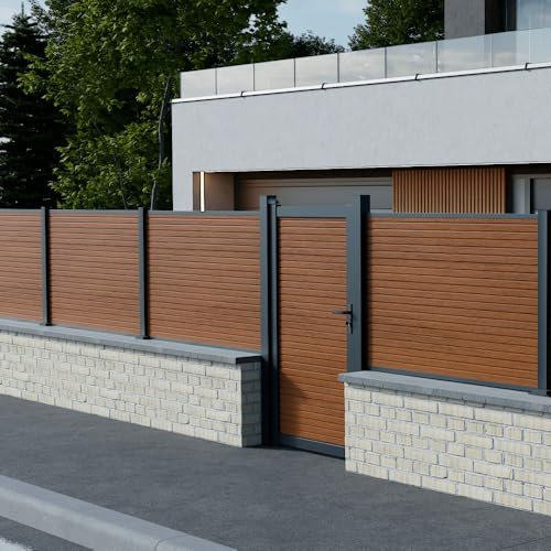WPC Garten Tür SANTOS Teak – Höhe: 183 cm – maximale Breite: 120 cm – verstellbare Breite – kompatibel mit SANTOS-Zäunen