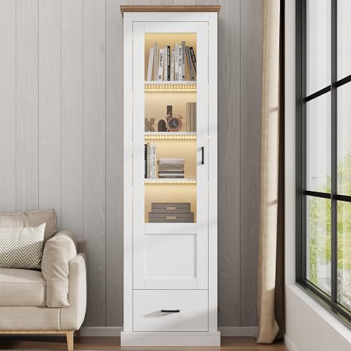 Easexcy Moderne LED Vitrine Weiß Matt 178cm 16 Farben, Standvitrine mit Holzdekor, Acryl Hochschrank mit Schublade, Vitrinenschrank, 5 Fächer Display Schrank
