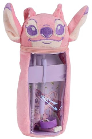 Disney Stitch - Trousse à crayons en peluche cylindrique avec tête 3D | Set de papeterie avec stylo, crayon, bloc-notes, gomme et taille-crayon, Rose Stitch, trousse