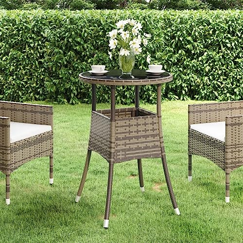 QUAHEAS Gartentisch Ø60x75 cm, Robustes Hartglas & wetterfestes Poly Rattan Grau, runder Outdoor Tisch für Balkon, Terrasse, Garten, pflegeleicht