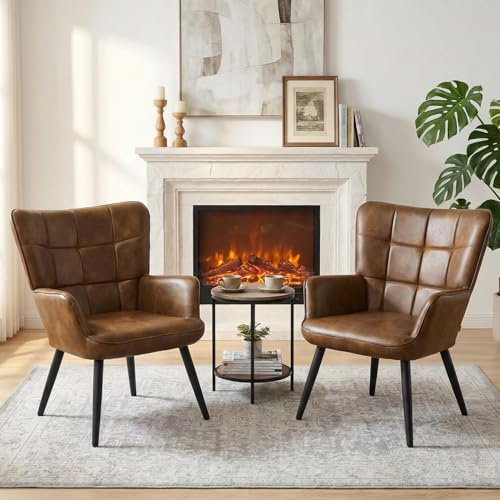 Ckaff 2er Set Ohrensessel Sessel Wohnzimmer, Skandinavischer Stil Ohrensessel aus PU-Kunstleder, Schminktisch Stuhl Esszimmerstuhl, Loungesessel Polstersessel fürs Wohnzimmer Schlafzimmer, Braun