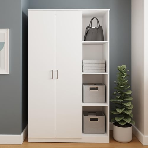 Bailey White 2 Door Wardrobe with 4 Open Shelves & Hanging Rail Organisation, Modern Minimal Bedroom Clothes Storage Cabinet Cupboard