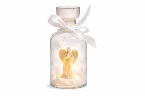 JRose Collections LED Angel Memory Light Bottle 14cm Glass Decorative Ornament with White Angel Figurine Warm Glow Battery Operated Home Décor Remembrance Keepsake Gift