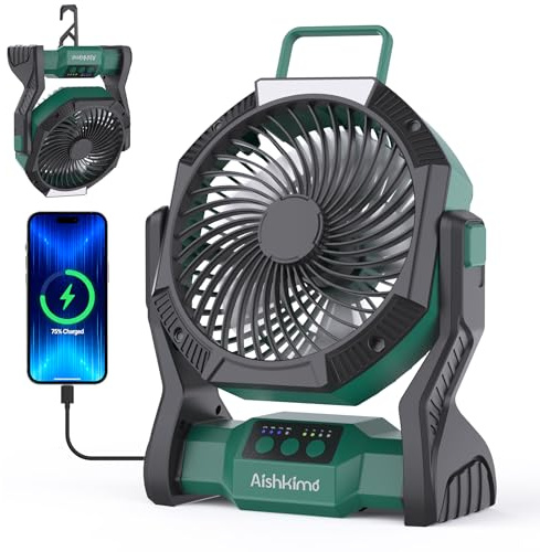 Aishkimo Portable Camping Fan with LED Light, 10000mAh Rechargeable Tent Fan with Hanging Hook, 4-Speed Adjustable Outdoor Fan for Picnic, BBQ, Fishing, Travel - Green