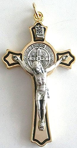 Kreuz des Hl. Benedikt, 8 cm, vergoldet mit schwarzen Streifen und Ring