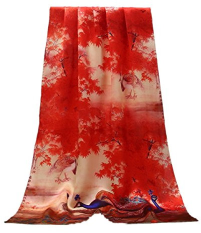 Prettystern Langer Damen-Schal Seide Abendmode Stulter-Tuch Stola Seidenschal - Rote Ahorblätter Pfau Zsc1008