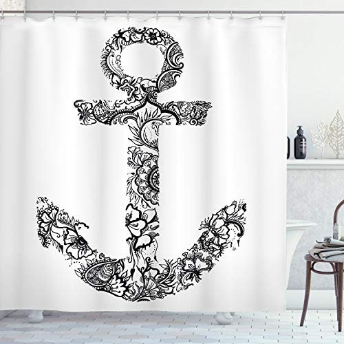 ABAKUHAUS Schwarz-Weiss Duschvorhang, Anker-Form-Blume, Stoffliches Gewebe Badezimmerdekorationsset mit Haken, 175 x 200 cm, Weiß und Schwarz