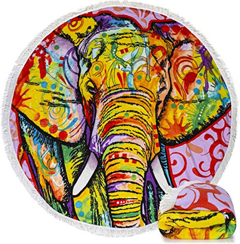 Strandtuch aus Mikrofaser, rund, groß, 152,4 cm Durchmesser, mit Fransen (Dean Russo Elefant)