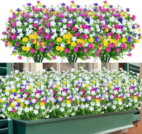 TEMCHY Artificial Flowers, Fake Outdoor UV Resistant Boxwood Shrubs Faux Plastic Greenery Plants for Outside Hanging Planter Patio Yard Wedding Indoor Home Kitchen Farmhouse Decor(White)
