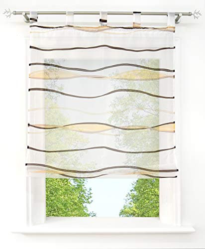 Voile Raffrollo mit Wellen Druck Design Rollos Schlaufen Transparent Vorhang (BxH 80x140cm, Bunt Sand mit Schlaufen)