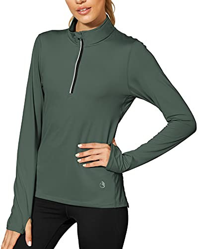 icyzone Damen Sport Langarm Shirts 1/4 Reißverschluss Laufshirt Langarmshirt mit Daumenloch Fitness Oberteile (M, Smoke Pine)
