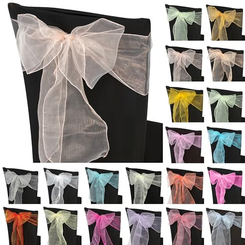 Trimming Shop 100pcs Rose Gold Organza Sashes for Chairs Wider Sash Fuller Bow Chair Cover Bow Sashes for Wedding, Birthday, Reception, Anniversary Party Decoration, 17x280cm