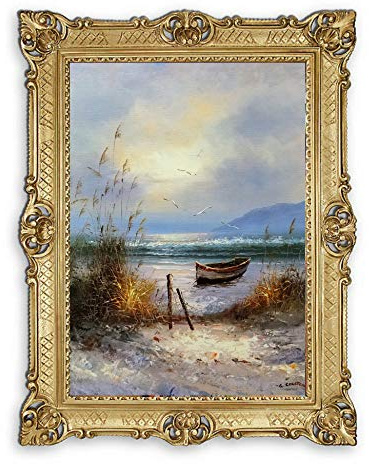 Lnxp Wunderschönes Gemälde 90x70 cm by G.Cousteav Boot Boote Schiff Schiffe Strand Meer Schiffsbild Bild Segelschiff Segelboot Wellen Maritime Bilder Barock Antik Repro 58B