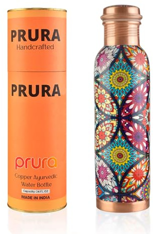 PRURA Bouteille d'eau en cuivre pur imprimé – Bouteille ayurvédique anti-fuite en cuivre pour le sport, la gym, l'extérieur, le yoga, les bienfaits pour la santé