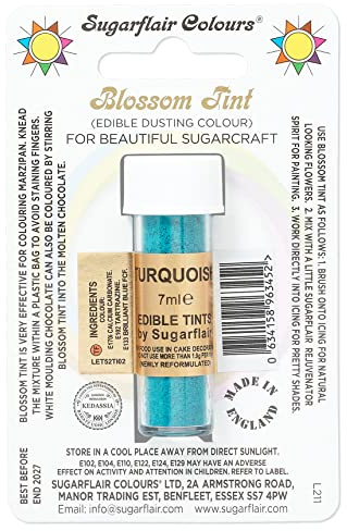Sugarflair Blossom Tint Turquoise Food Colouring and Dusting Powder, Matt Finish, Brush On or Mix with Rejuvenator Spirit to Create a One of A Kind Cake - 7ml