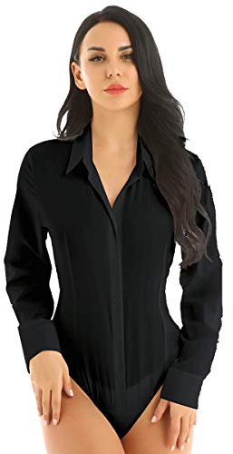 FEESHOW Body Combinaison Femme Body Chemise à Manche Longue T-Shirt Blouse Col VCombi-Short Chic Elégant Combinaison Chemise Business Cérémonie Soirée Taille Haute