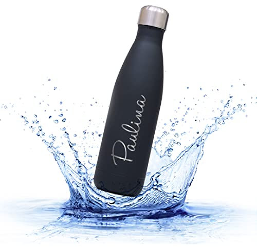 Sprengers – Personalisierbare Trinkflasche aus Edelstahl – auslaufsichere & thermoisolierte Wasserflasche hält Getränke bis zu 18 Stunden warm oder kalt – Gravur mit Namen und Motiv (Schwarz, 0.75 l)
