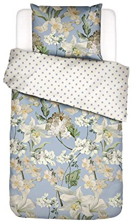 ESSENZA Bettwäsche Rosalee Iceblue Satin Blumen Blüten Lilien Hortensien Floral Eisblau Punkte Gepunktet, Größe:155 cm x 220 cm, Farbe:Iceblue