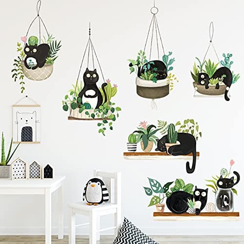 Plantes en Pot Vertes Cactus Sticker Mural Mignon Chat Noir Autocollants, Sticker Mural Bricolage Muraux Tropicaux Plante, Nature Fleurs Stickers muraux Papier Peint décoration