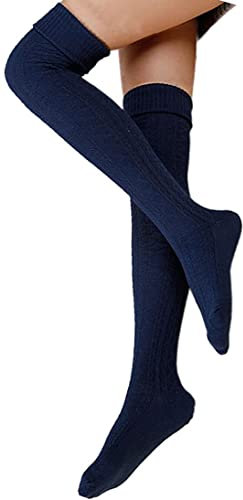 Damen Overknee Socken Lange Strümpfe Strick Baumwolle Dicke Warme Überknie Kniestrümpfe Weihnachtssocken für Damen und Mädchen (Blau)